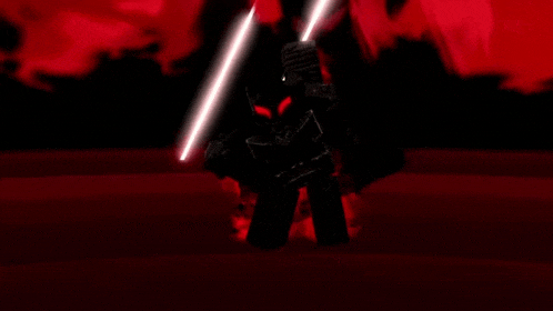 a black robot with red eyes is holding two lightsabers in a dark room .