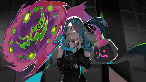 a cartoon drawing of a girl with blue hair standing in front of a pink monster
