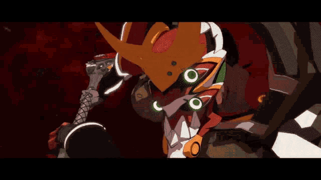 a robot is flying through a red tunnel with a red background .