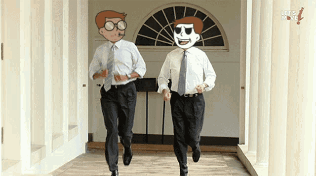 two men are running in a hallway with the words let 's move written on the bottom