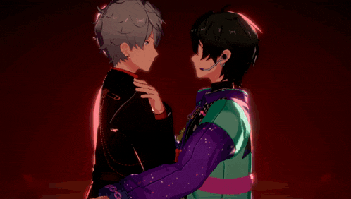 a couple of anime characters standing next to each other with a heart in the background