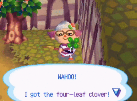 a video game character says " wahoo " while holding a four leaf clover
