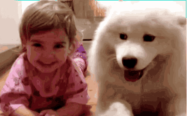 a little girl is laying on the floor next to a white dog