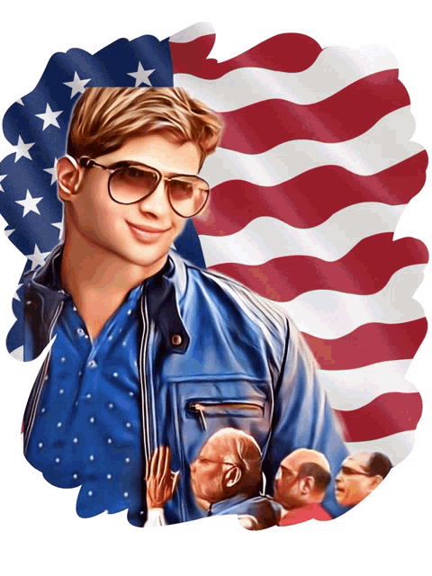 a man wearing sunglasses and a blue jacket is standing in front of an american flag