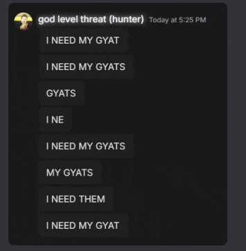 a screenshot of a conversation between hunter and someone called god level threat