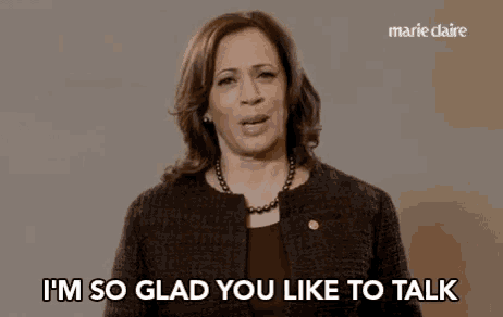 a woman says " i 'm so glad you like to talk " in front of marie claire