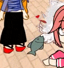 a couple of cartoon characters standing next to each other on a brick sidewalk .