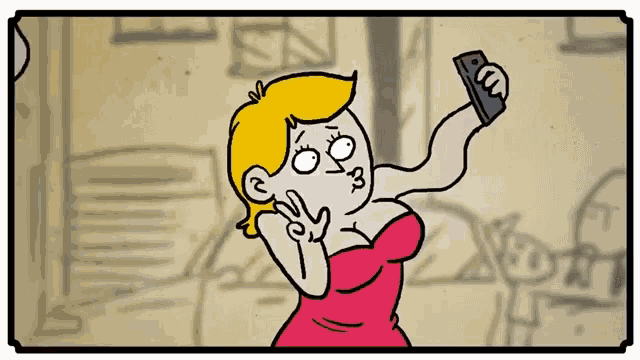 a woman in a red dress is taking a selfie