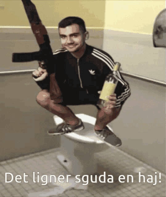 a man squatting on a toilet holding a gun and a bottle with the words det ligner sguda en haj written below