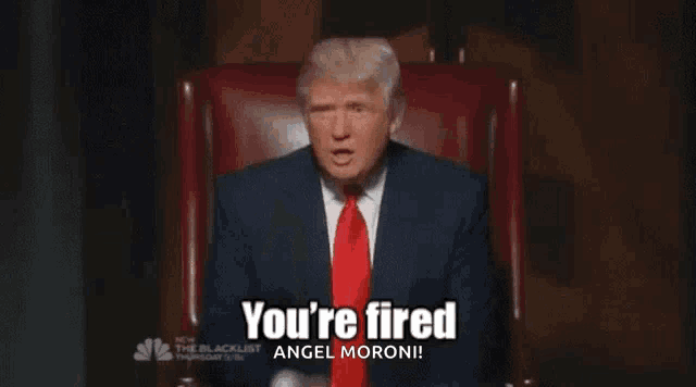 donald trump is sitting in a chair and says you 're fired angel moroni