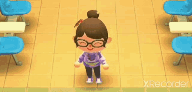 a cartoon character wearing glasses and a purple shirt is standing in a room with blue chairs .