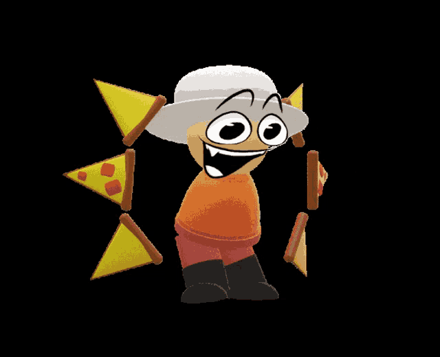 a cartoon character is surrounded by pizza slices and a hat