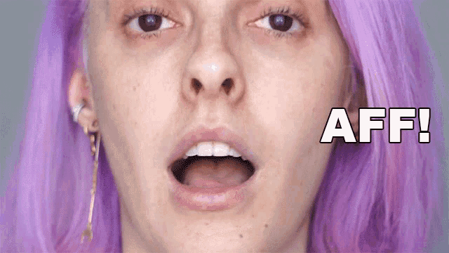 a woman with purple hair is making a funny face with the word aff behind her