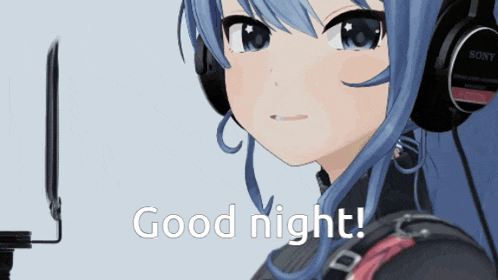 a girl wearing headphones is saying good night