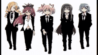 a group of anime girls are standing next to each other wearing suits