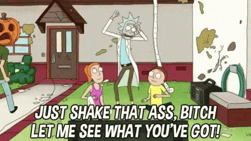 a cartoon of rick and morty dancing in front of a house with a pumpkin on his head .