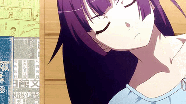 a girl with purple hair is sleeping in front of a wall with chinese writing