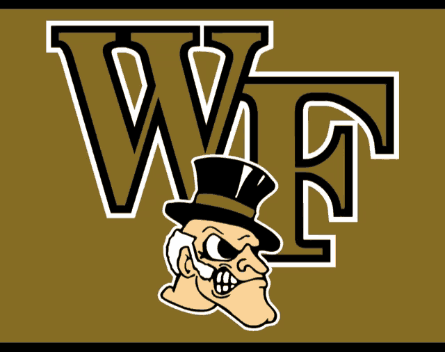 a logo for wake forest shows a man with a top hat on