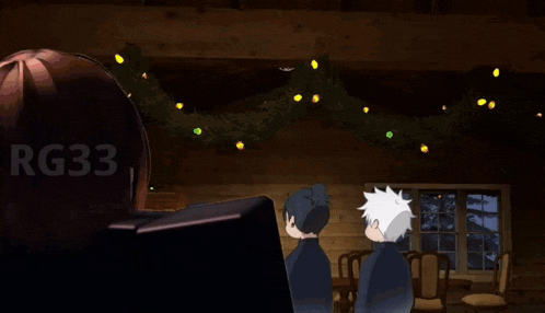 two anime characters are standing next to each other in a room .