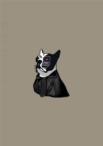 a drawing of a dog wearing a skull mask and a leather jacket