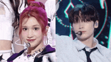 a man and a woman are standing next to each other on a stage . the woman has pink hair and the man has black hair .