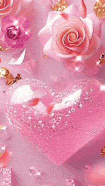 a pink heart surrounded by pink roses and crystals