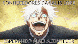 a cartoon character with white hair and blue eyes is smiling with the words conhecedores da salts lore written below him