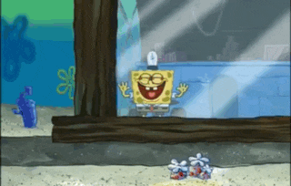 a cartoon of spongebob standing in front of a glass door