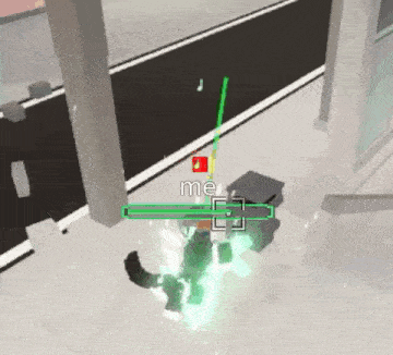 a person is standing in a room with a green light coming out of their feet in a video game .