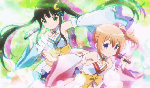 two anime girls are singing into microphones in a colorful background