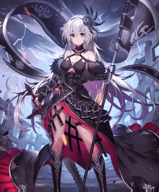 a girl with long white hair holding a scythe and a sword