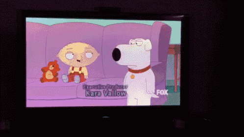 a tv screen shows a family guy episode and the executive producer is kara vellow