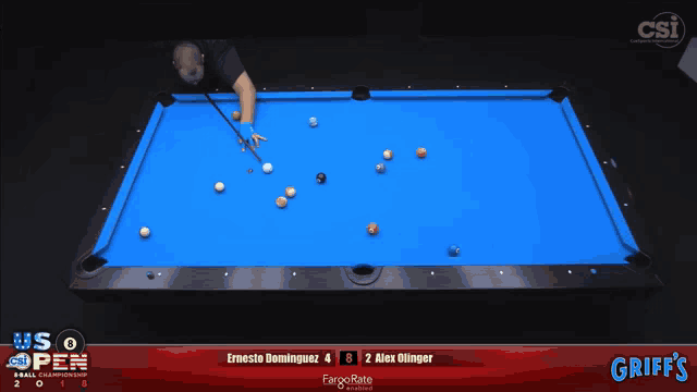 a pool table with a scoreboard that says ernesto dominguez 4 2 alex olinger
