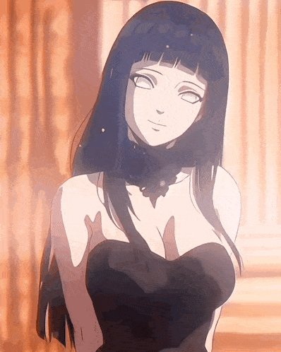 a woman in a black dress with a very large breast