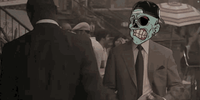 a man in a suit and tie is pointing a gun at another man with a cartoon skull on his face