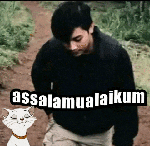 a man is walking down a dirt path with a cat behind him that says ' assalamualaikum '