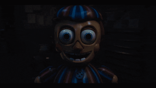 a creepy clown with glowing eyes and a button on his chest