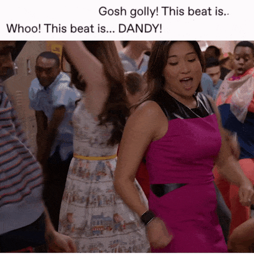 a woman in a pink dress is dancing in a crowd with the words gosh golly this beat is whoo this beat is dandy