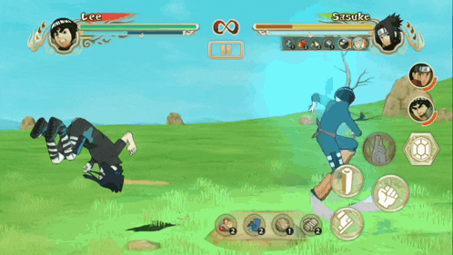lee and sasuke are playing a video game and lee is kicking sasuke in the air