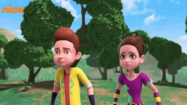 a boy and a girl are standing next to each other in a field in a cartoon .