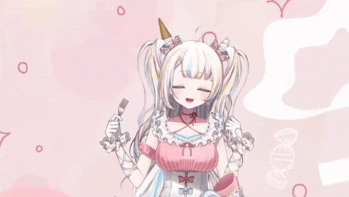 a girl in a pink dress is holding a fork and a spoon