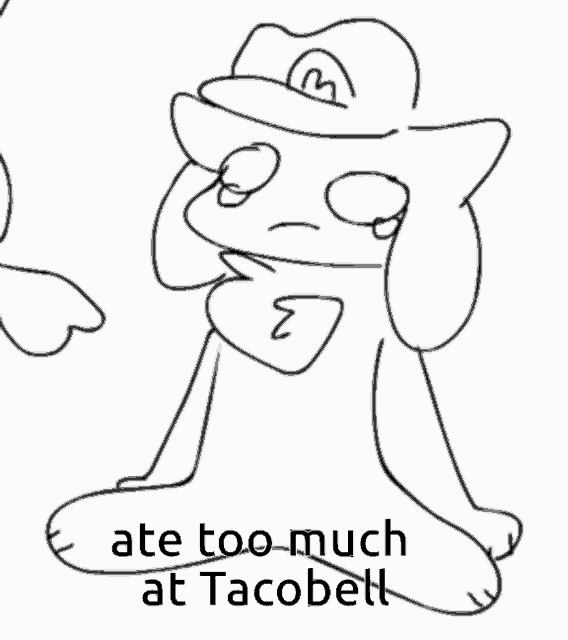 a drawing of a cat wearing a hat that says " ate too much at taco bell "
