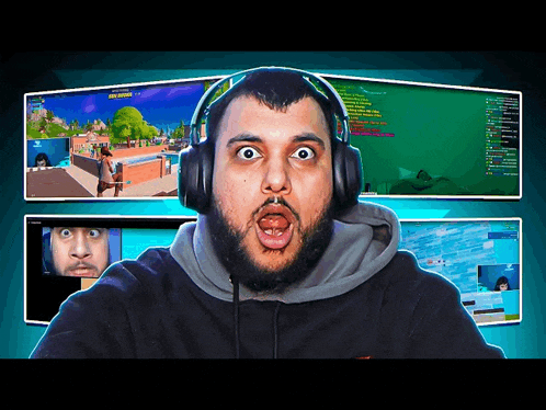 a man wearing headphones with a surprised look on his face while playing a video game