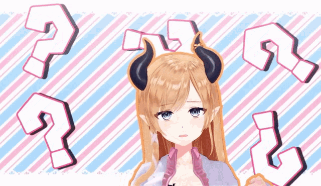 a girl with horns is surrounded by question marks on a pink and blue striped background
