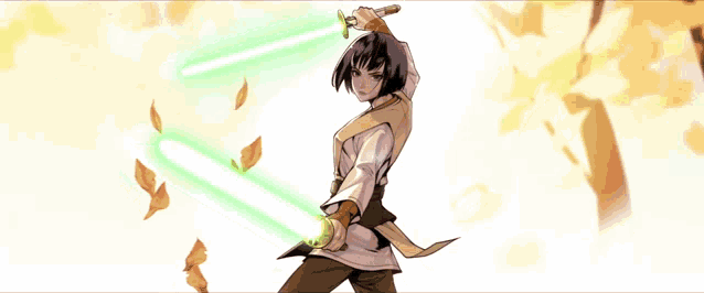 a cartoon character is holding a green lightsaber