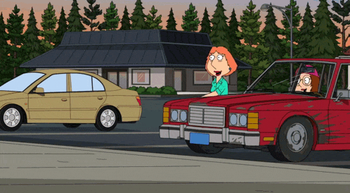 a cartoon drawing of a woman in a red car talking to a man in a yellow car