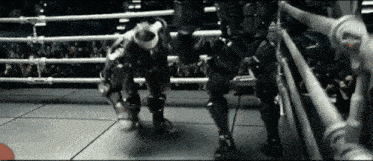 two robots are fighting in a boxing ring with a crowd watching .