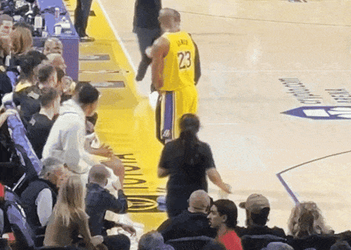 a basketball player with the number 23 on his jersey stands on the court