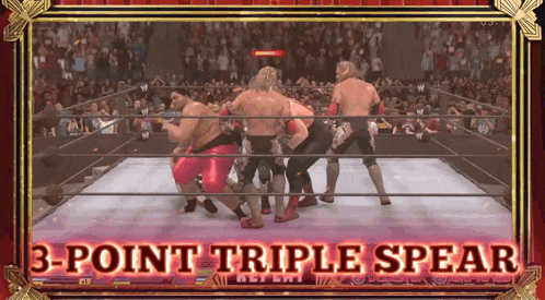 three wrestlers are in a ring with the words 3 point triple spear