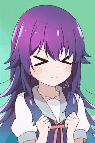 a girl with purple hair is making a face
